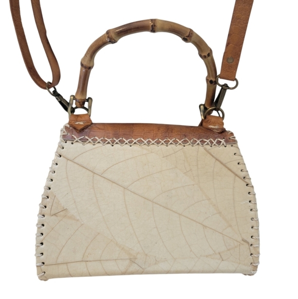 HANDMADE New Fossilized Cacao Leaves Bamboo Cream Brown Crossbody Bag Leather - Picture 3 of 12